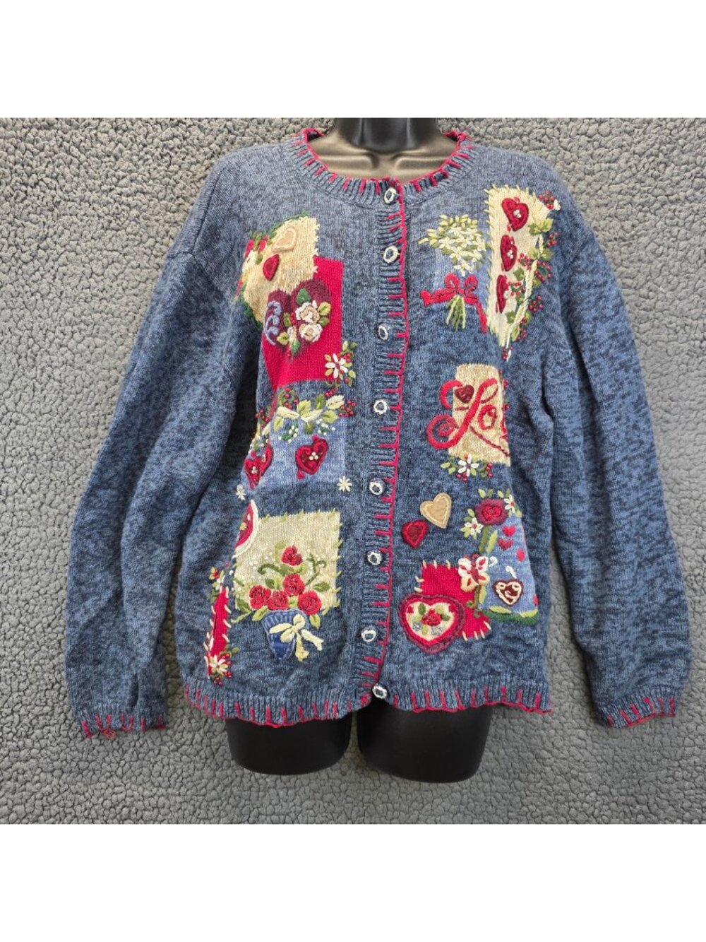 Heirloom Collectibles Patchwork Cardigan XL Blue Embroidery Cottagecore Romantic